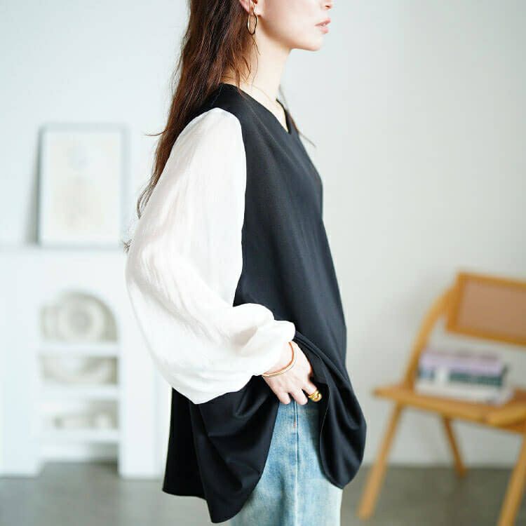 大きいサイズ レディース シアー袖切り替えVネックフレアチュニック　maru-30190 【メール便可】