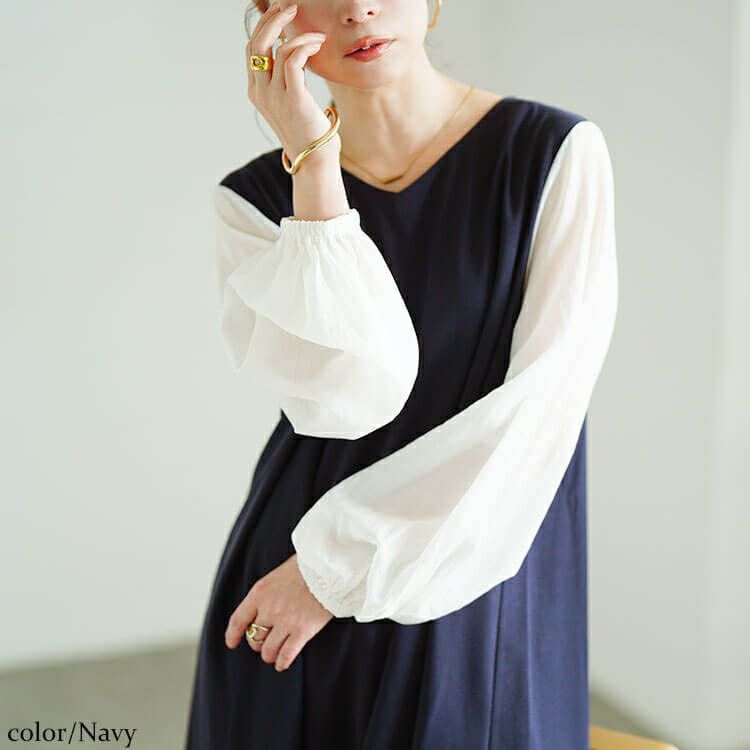 大きいサイズ レディース シアー袖切り替えVネックフレアチュニック　maru-30190 【メール便可】