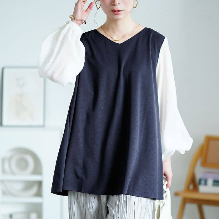大きいサイズ レディース シアー袖切り替えVネックフレアチュニック　maru-30190 【メール便可】