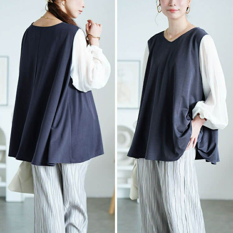 大きいサイズ レディース シアー袖切り替えVネックフレアチュニック　maru-30190 【メール便可】
