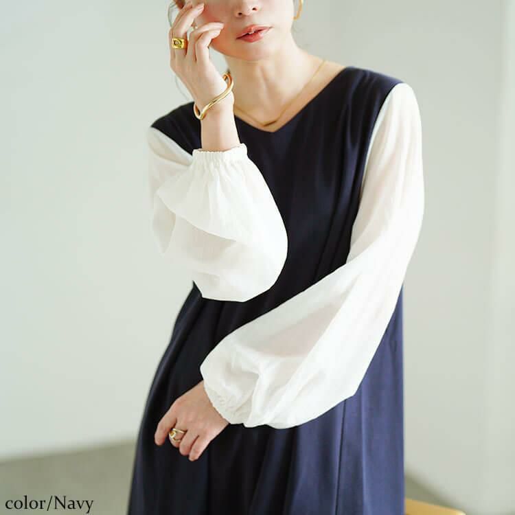 大きいサイズ レディース シアー袖切り替えVネックフレアチュニック　maru-30190 【メール便可】 ネイビー