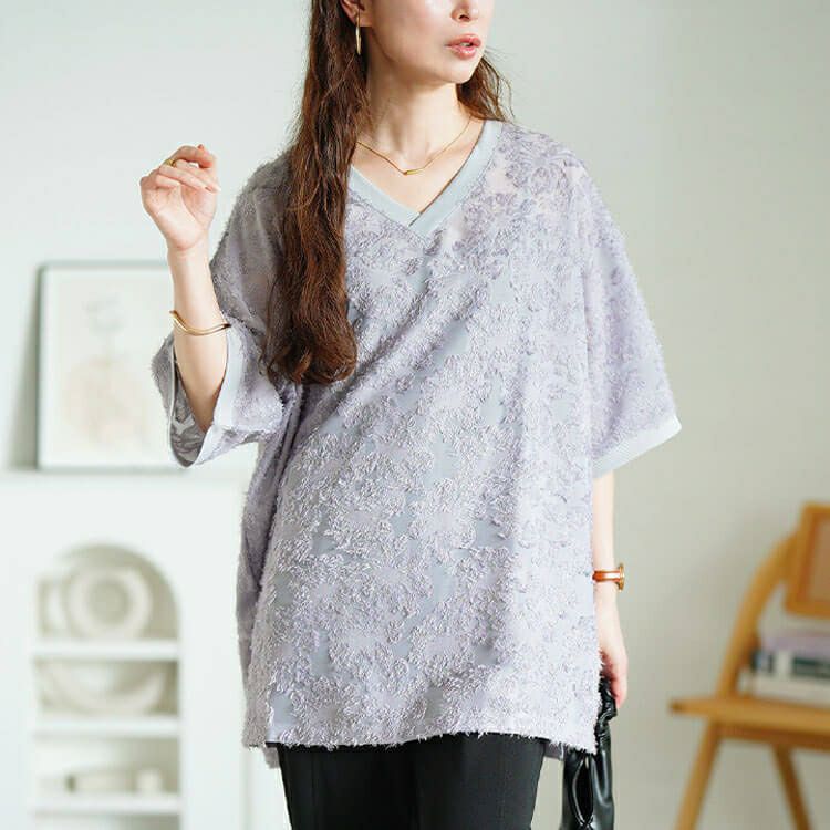 大きいサイズ レディース シフォンジャガードVネックワイドチュニック　maru-30189 【メール便可】