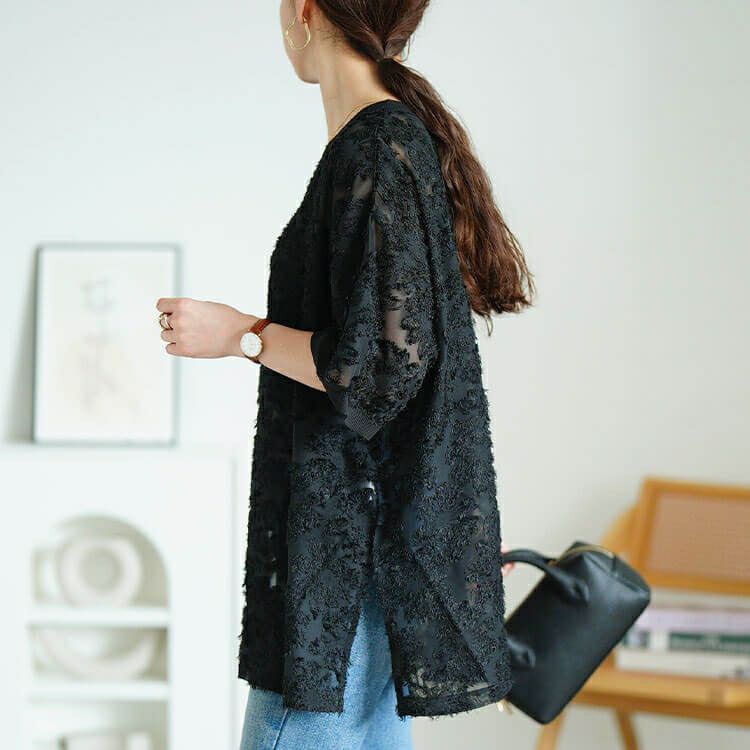 大きいサイズ レディース シフォンジャガードVネックワイドチュニック　maru-30189 【メール便可】