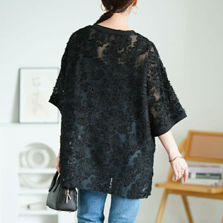 大きいサイズ レディース シフォンジャガードVネックワイドチュニック　maru-30189 【メール便可】