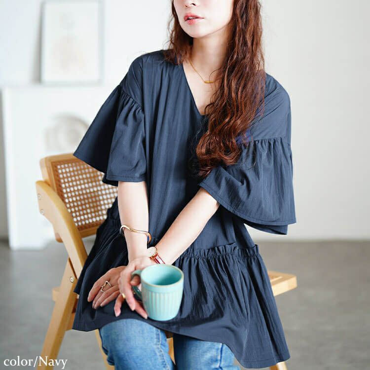 大きいサイズ レディース 接触冷感Vネックフリルペプラムチュニック　maru-30179 【メール便可】