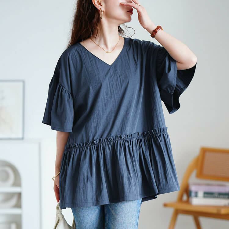 大きいサイズ レディース 接触冷感Vネックフリルペプラムチュニック　maru-30179 【メール便可】 ネイビー