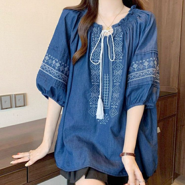 大きいサイズ レディース パフスリーブエスニック柄コットンブラウス　goldy-1720【メール便可】