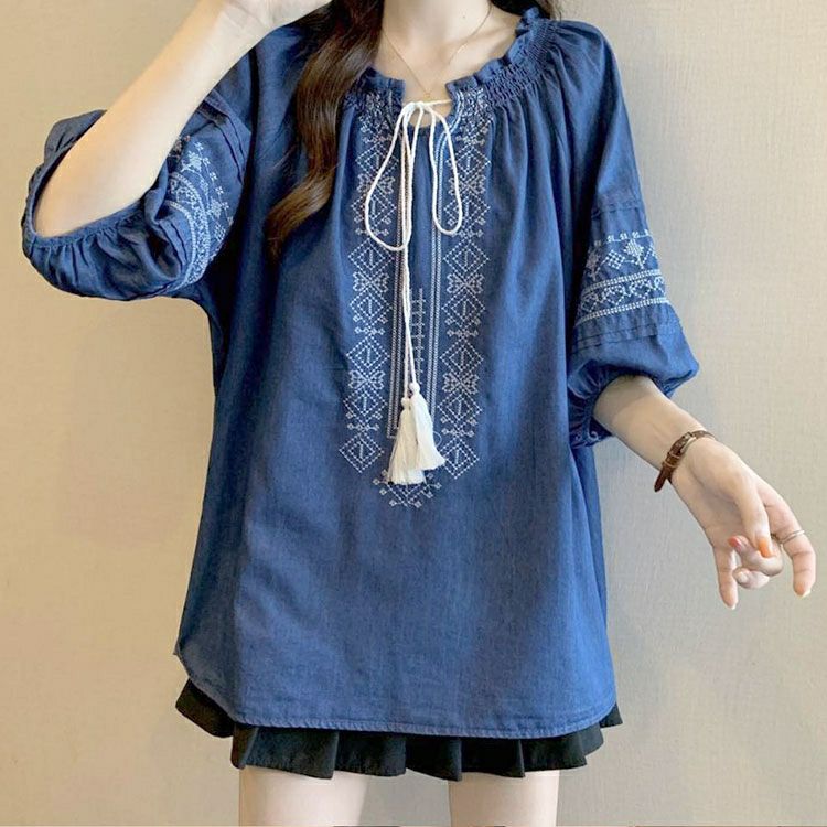 大きいサイズ レディース パフスリーブエスニック柄コットンブラウス　goldy-1720【メール便可】