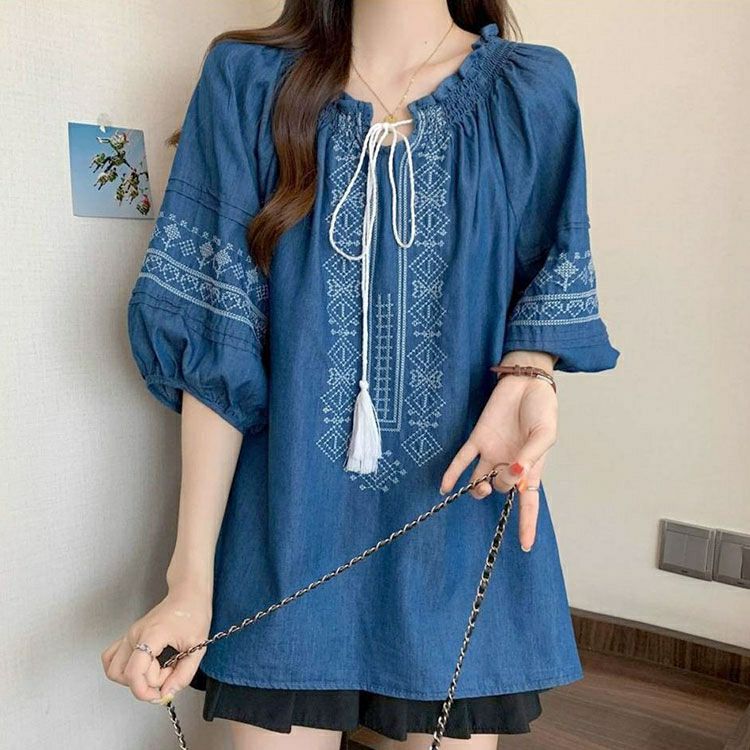 大きいサイズ レディース パフスリーブエスニック柄コットンブラウス　goldy-1720【メール便可】