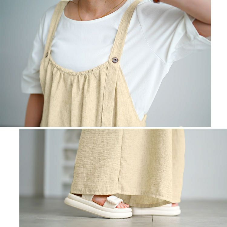 大きいサイズ レディース 綿麻ワイドサロペットパンツ　goldy-1725