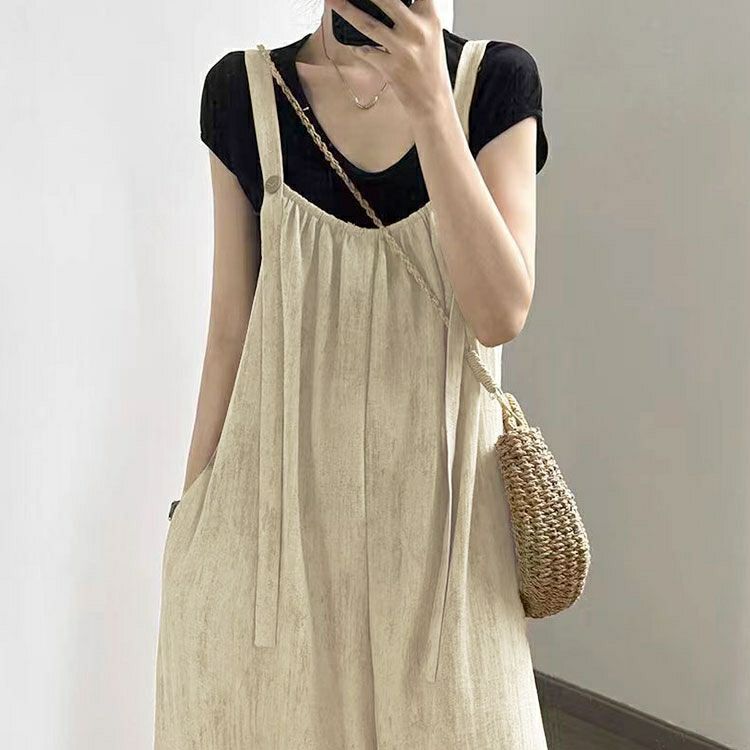 大きいサイズ レディース 綿麻ワイドサロペットパンツ　goldy-1725