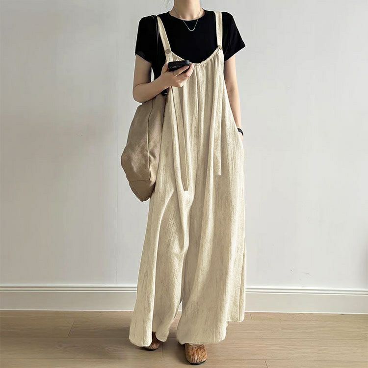 大きいサイズ レディース 綿麻ワイドサロペットパンツ　goldy-1725