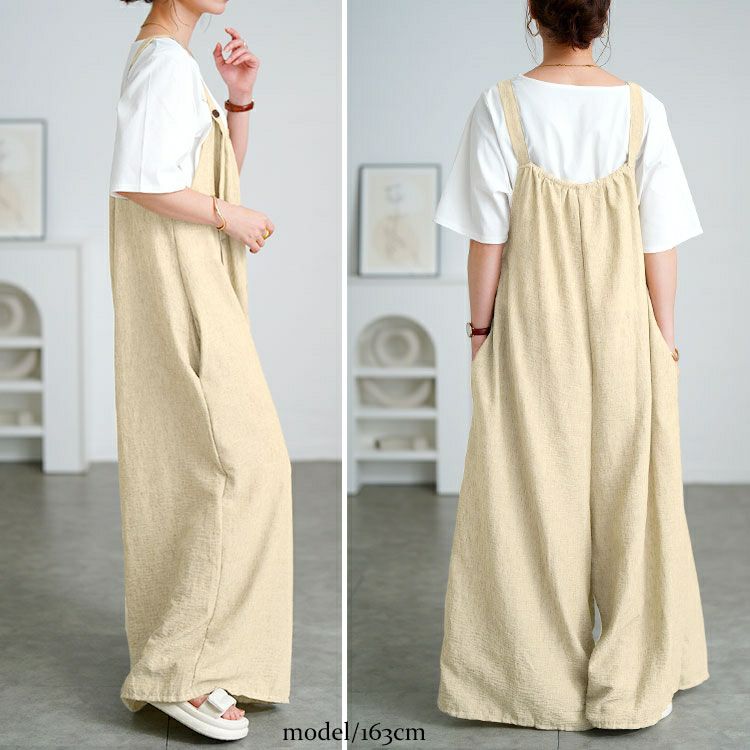 大きいサイズ レディース 綿麻ワイドサロペットパンツ　goldy-1725