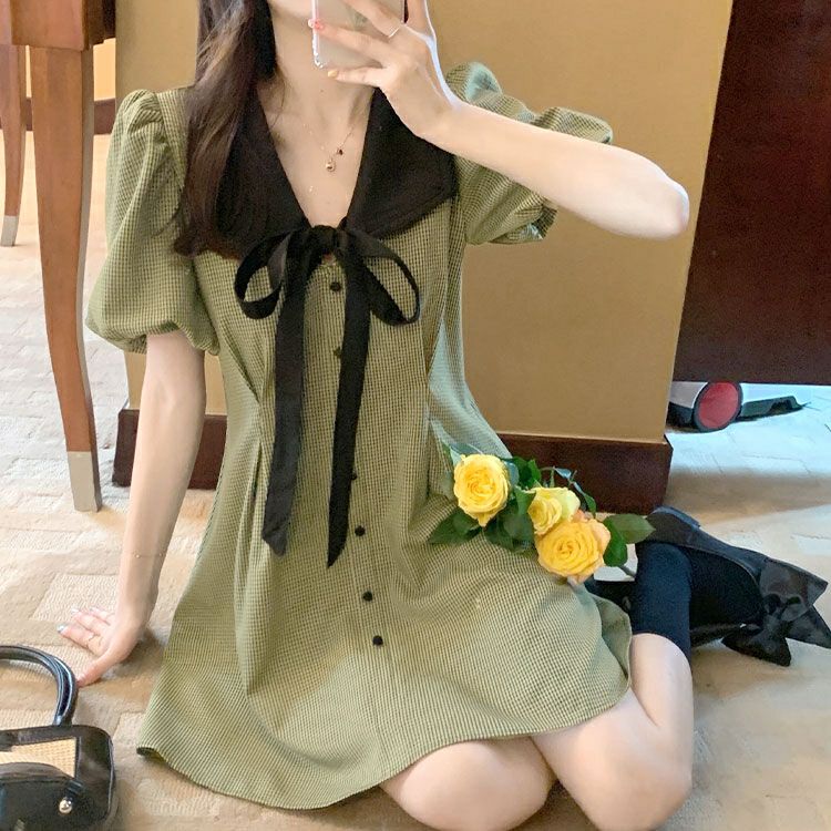 大きいサイズ レディース リボン襟付きウエストタックミニワンピース　goldy-1714【メール便可】