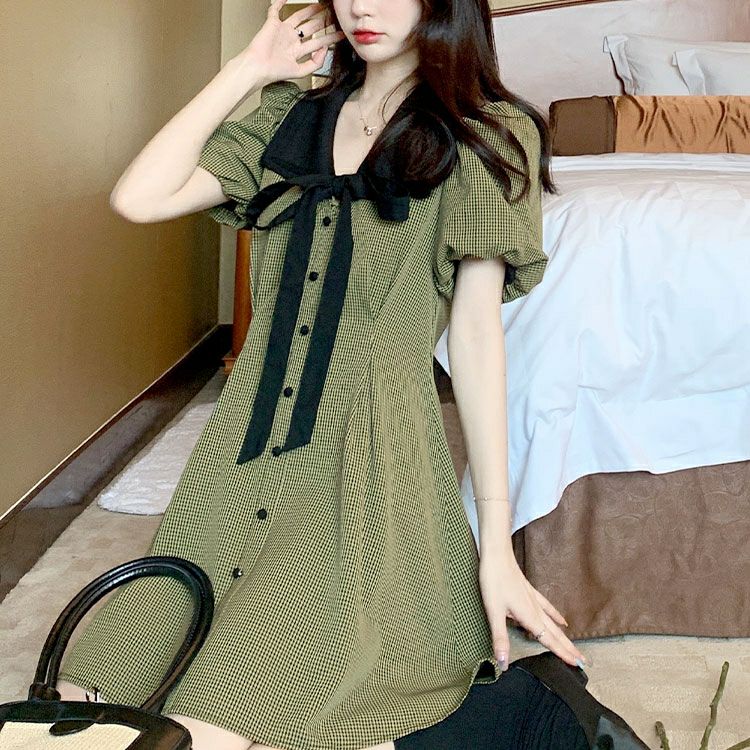 大きいサイズ レディース リボン襟付きウエストタックミニワンピース　goldy-1714【メール便可】