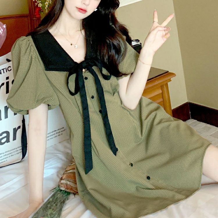 大きいサイズ レディース リボン襟付きウエストタックミニワンピース　goldy-1714【メール便可】