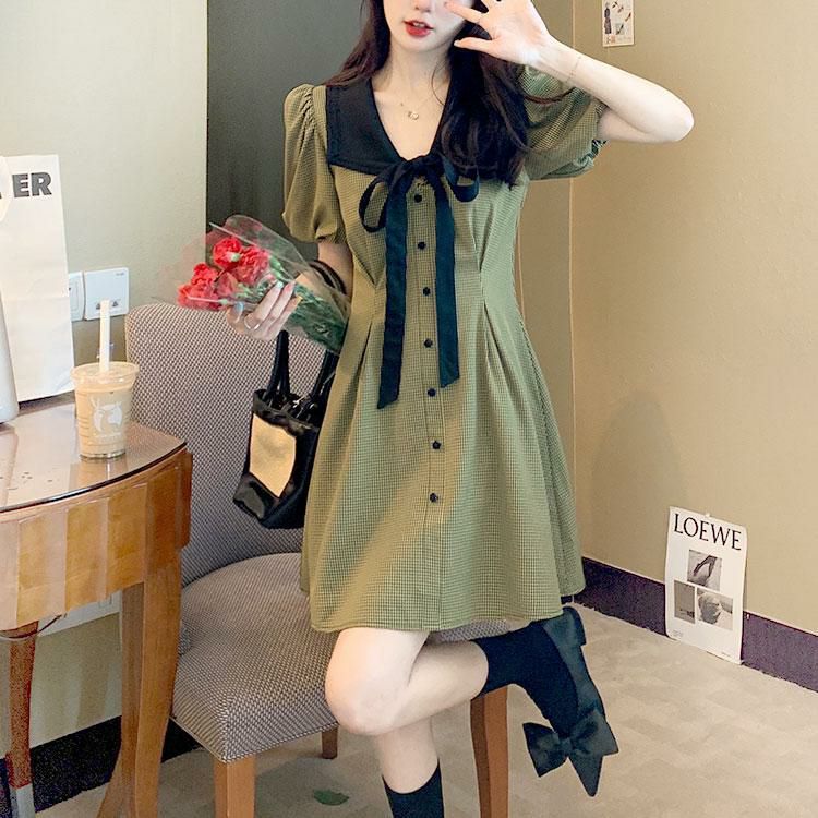 大きいサイズ レディース リボン襟付きウエストタックミニワンピース　goldy-1714【メール便可】 グリーン