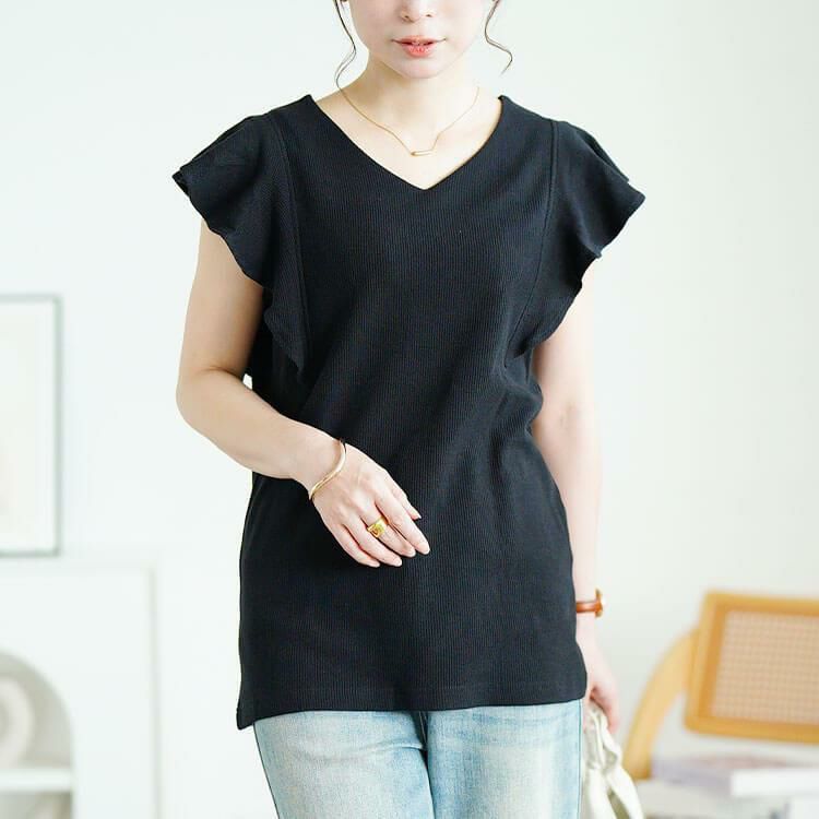 大きいサイズ レディース VネックフレアフレンチスリーブTシャツ　wk-0550 【メール便可】 ブラック