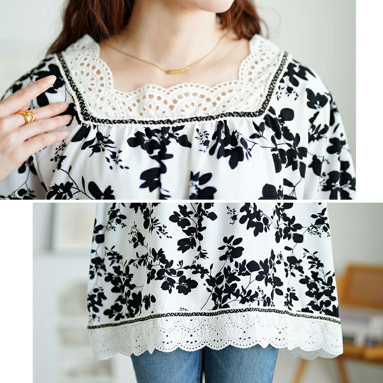 大きいサイズ レディース レース切り替え花柄チュニック jp539