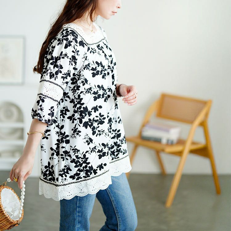 大きいサイズ レディース レース切り替え花柄チュニック jp539