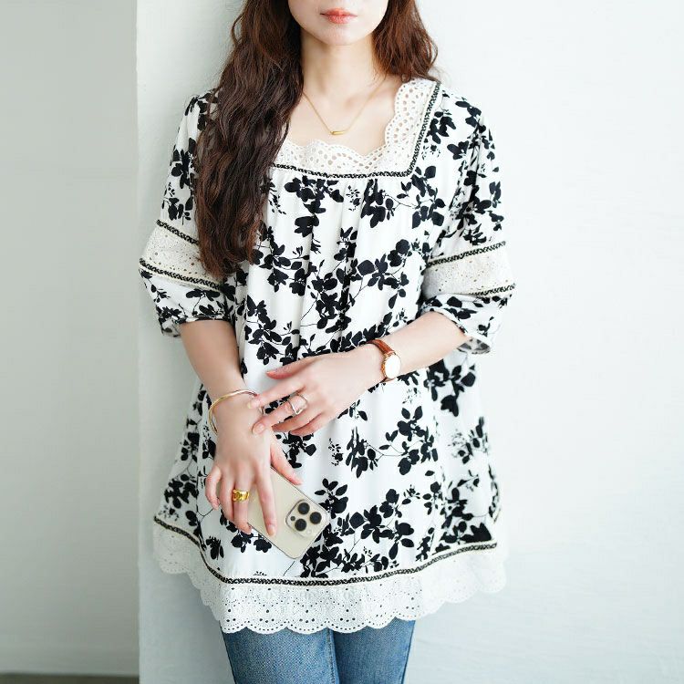 大きいサイズ レディース レース切り替え花柄チュニック jp539
