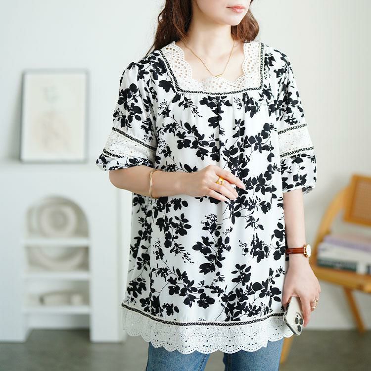 大きいサイズ レディース レース切り替え花柄チュニック jp539