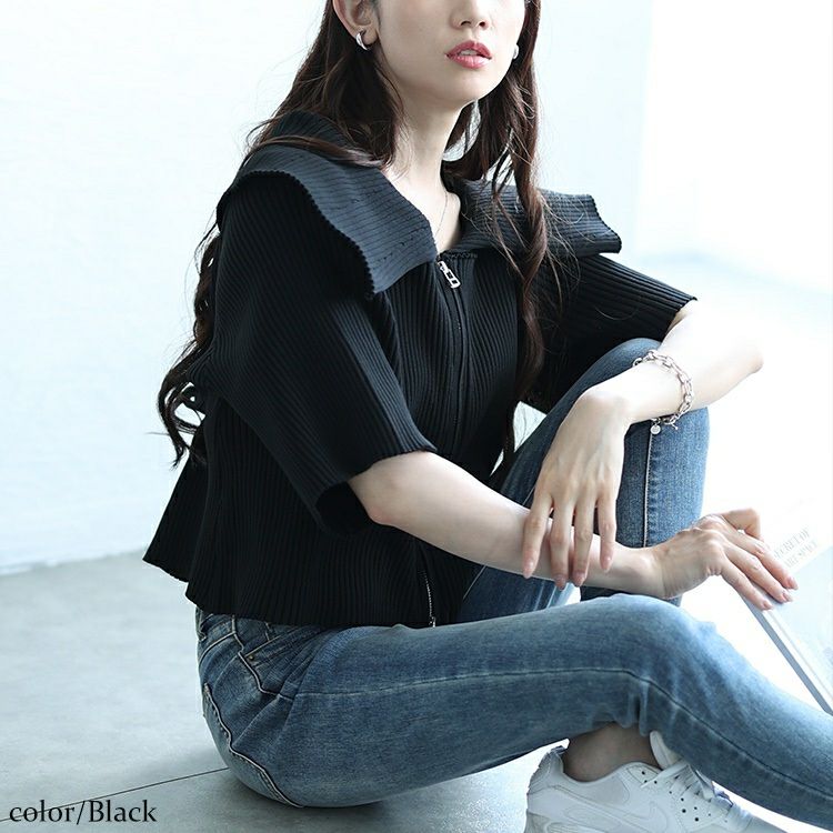 大きいサイズ レディース ビックカラースポンジリブZIPニット　sum-0025