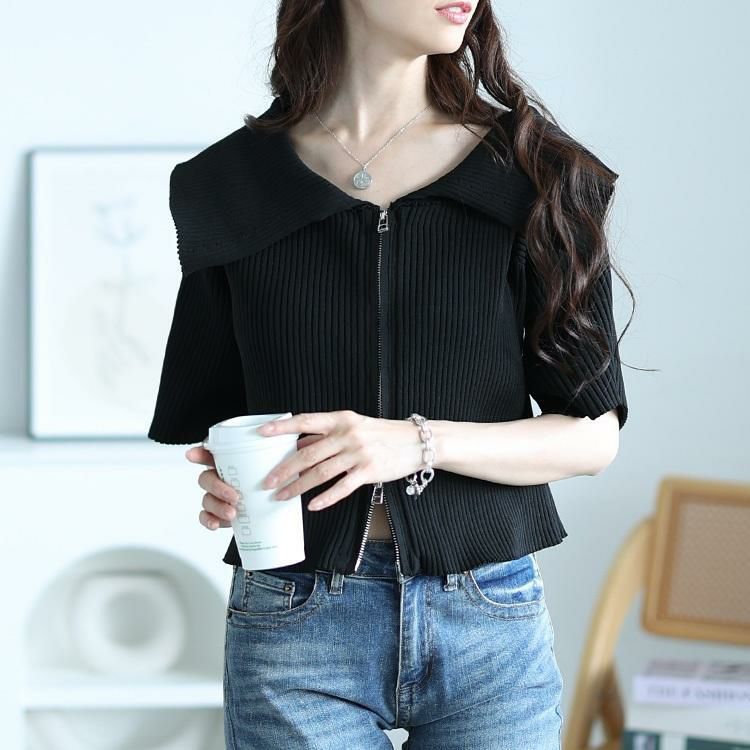 大きいサイズ レディース ビックカラースポンジリブZIPニット　sum-0025 ブラック