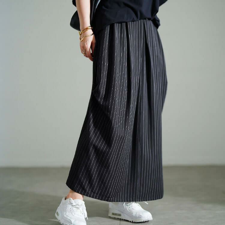 大きいサイズ レディース ストライプサイドタックスカート　sw-0794 ブラック