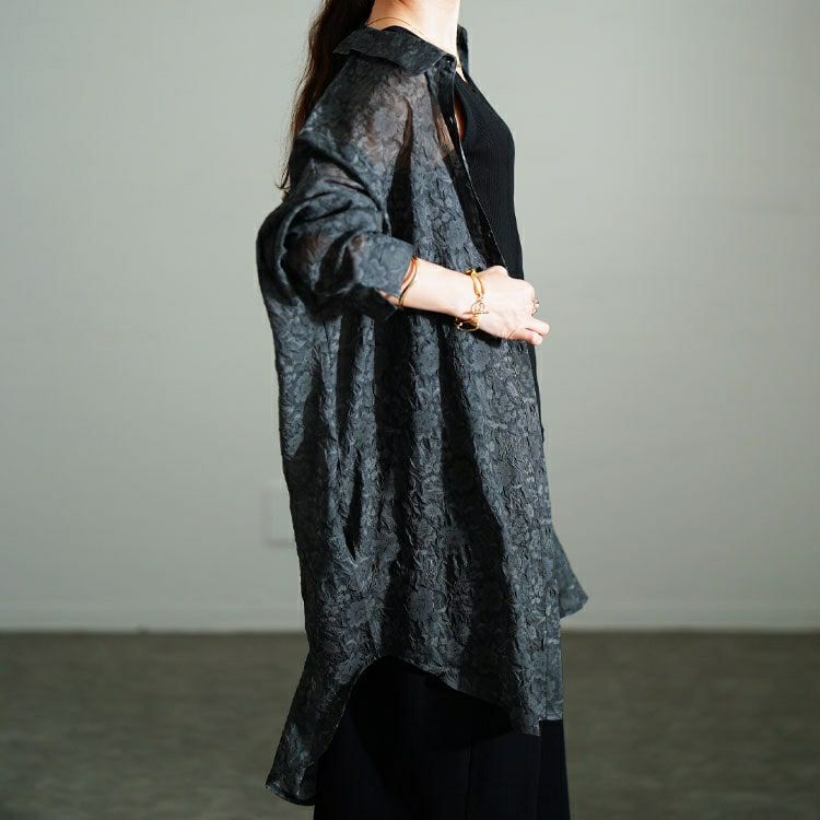 大きいサイズ レディース シアー花柄バックリボンロングシャツ　sw-0781 【メール便可】