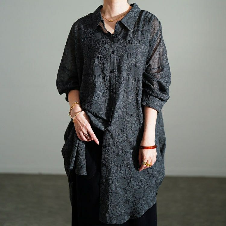 大きいサイズ レディース シアー花柄バックリボンロングシャツ　sw-0781 【メール便可】