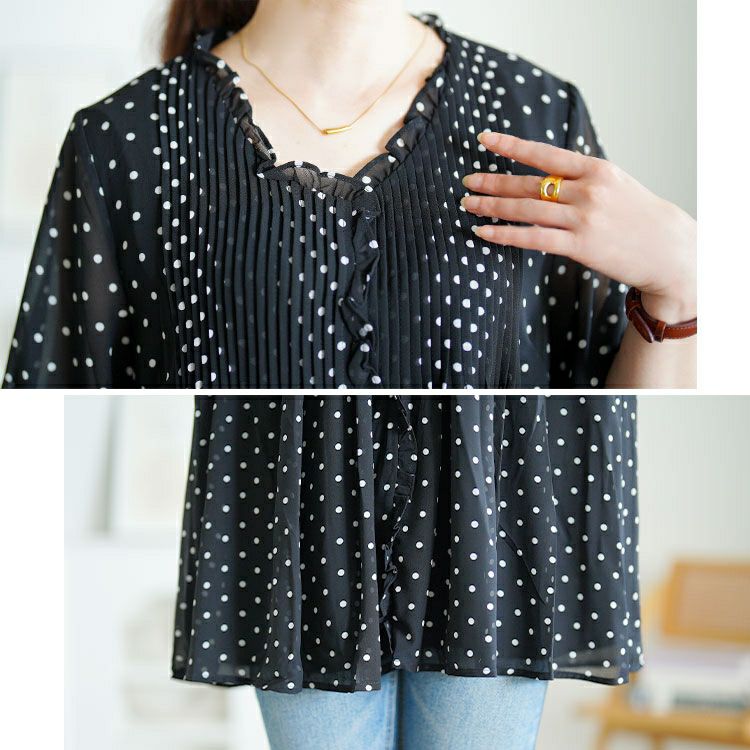 大きいサイズ レディース ドット柄プリーツシフォンフレアブラウス　goldy-1722【メール便可】