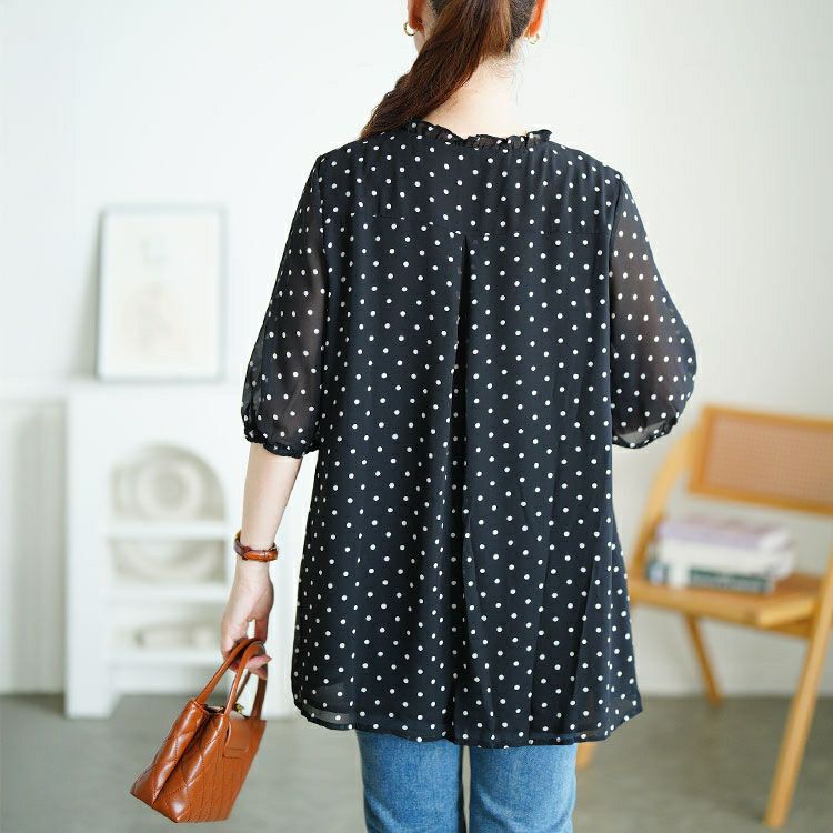 大きいサイズ レディース ドット柄プリーツシフォンフレアブラウス　goldy-1722【メール便可】