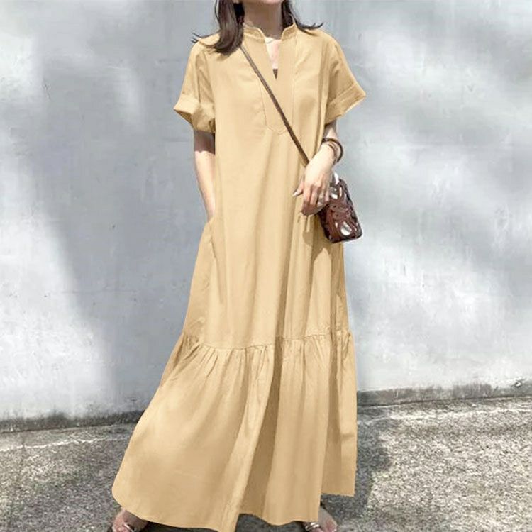 大きいサイズ レディース キーネックマキシ丈マーメイドワンピース　goldy-1719【メール便可】