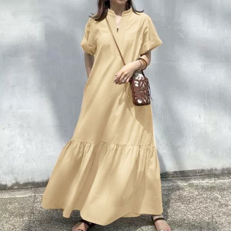 大きいサイズ レディース キーネックマキシ丈マーメイドワンピース　goldy-1719【メール便可】 ベージュ