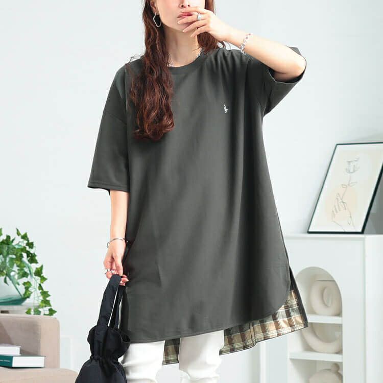 大きいサイズ レディース チェックステップヘムチュニックTシャツ　cpdai-647409