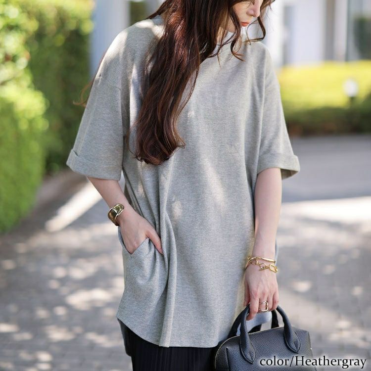 大きいサイズ レディース コットンワッフルロールアップ袖Tシャツ　wk-0567 【メール便可】