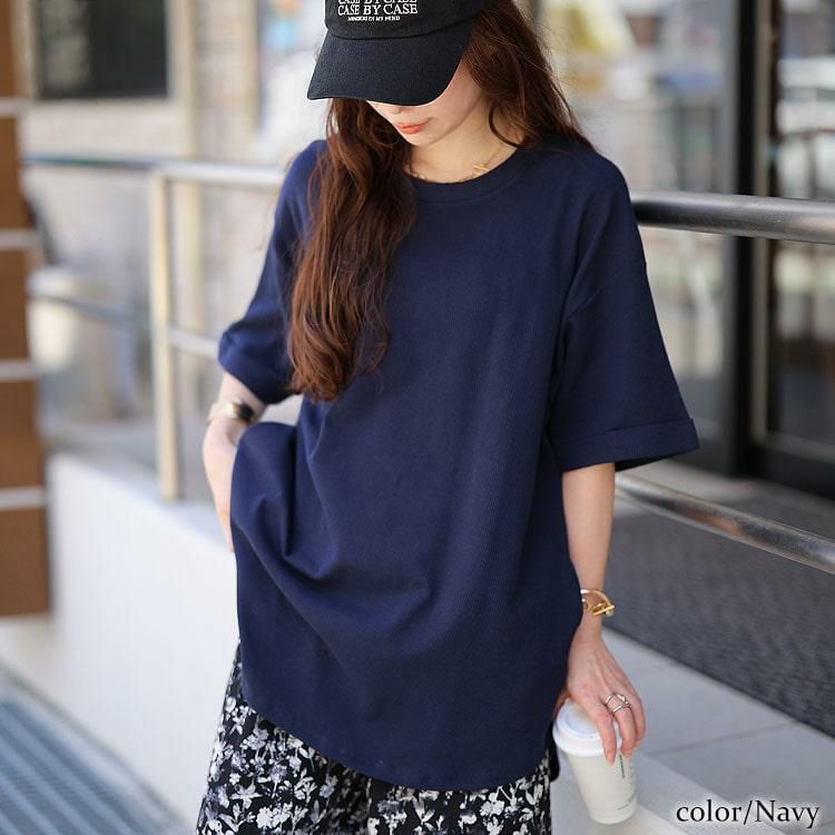 大きいサイズ レディース コットンワッフルロールアップ袖Tシャツ　wk-0567 【メール便可】 ネイビー