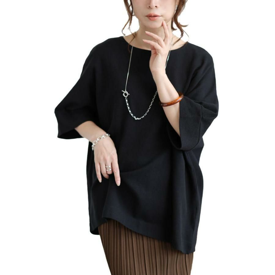 大きいサイズ レディース コットンワッフルドルマンTシャツ　wk-0564 【メール便可】 ブラック