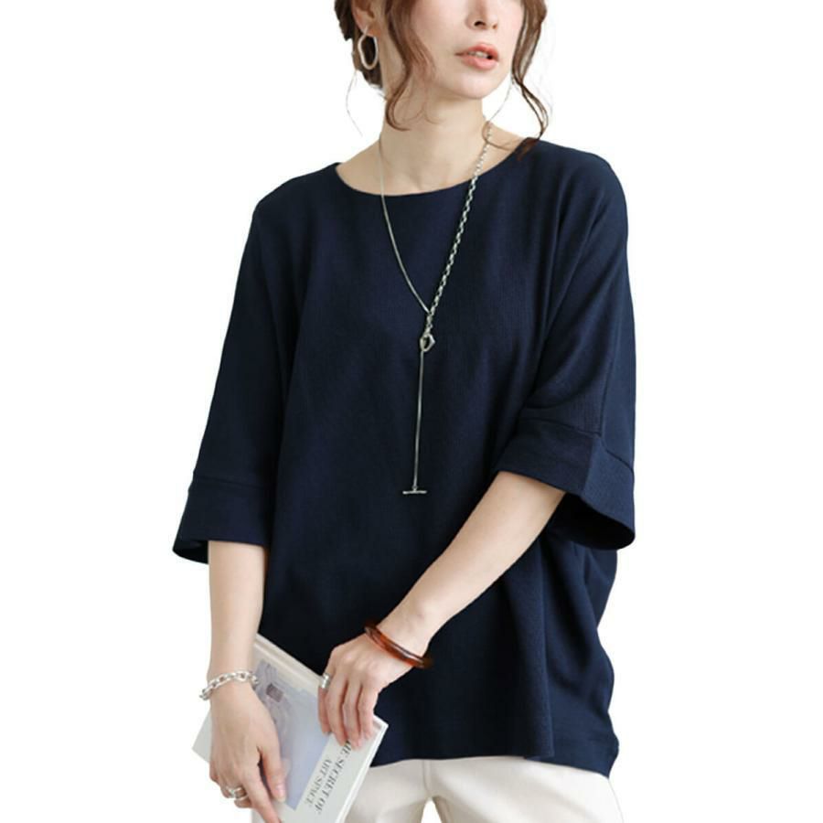 大きいサイズ レディース コットンワッフルドルマンTシャツ　wk-0564 【メール便可】 ネイビー