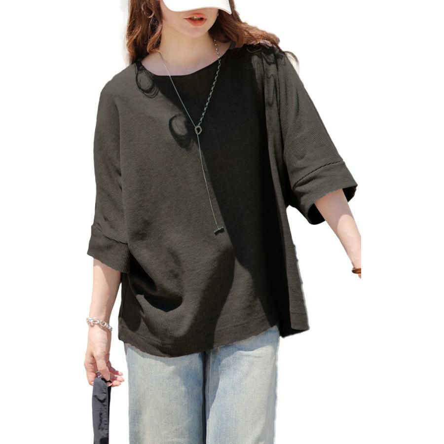 大きいサイズ レディース コットンワッフルドルマンTシャツ　wk-0564 【メール便可】 チャコールグレー
