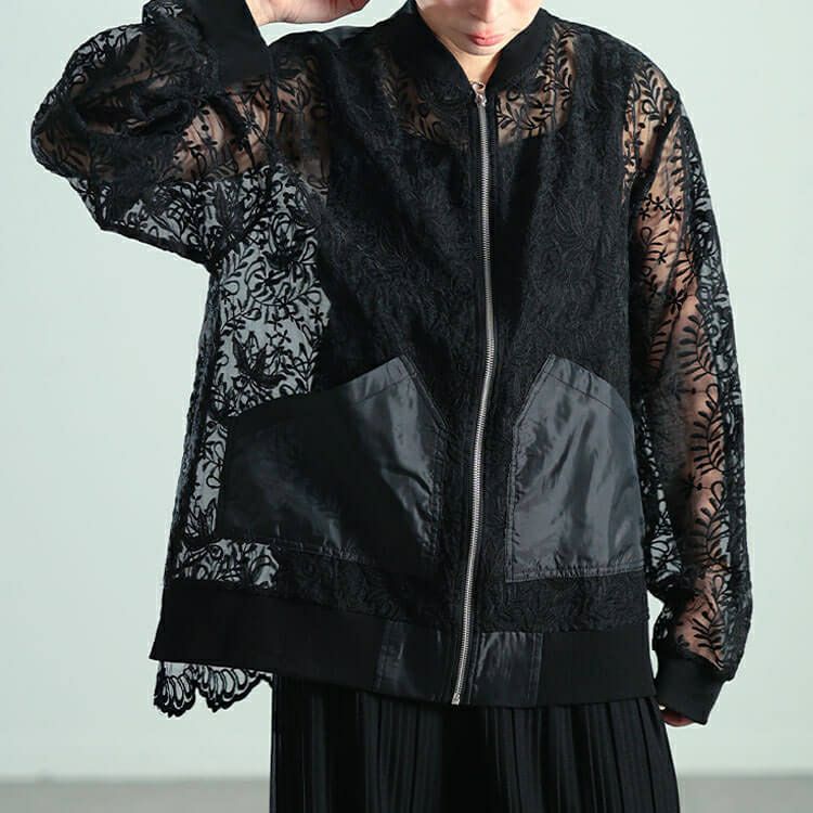 大きいサイズ レディース 花柄レース異素材切り替えMA-1ブルゾン　nw-25040 【メール便可】