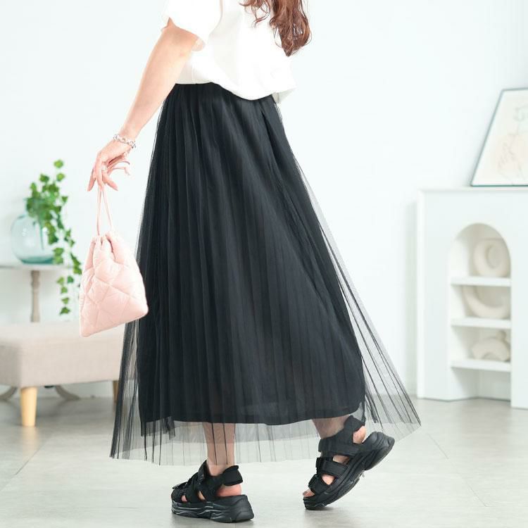 大きいサイズ レディース レイヤードチュールプリーツスカート　tog-1051 ブラック