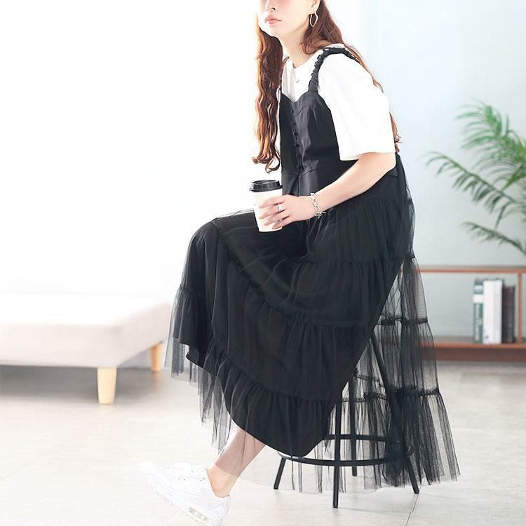 大きいサイズ レディース ティアードチュールジャンパースカート　tog-1031 ブラック