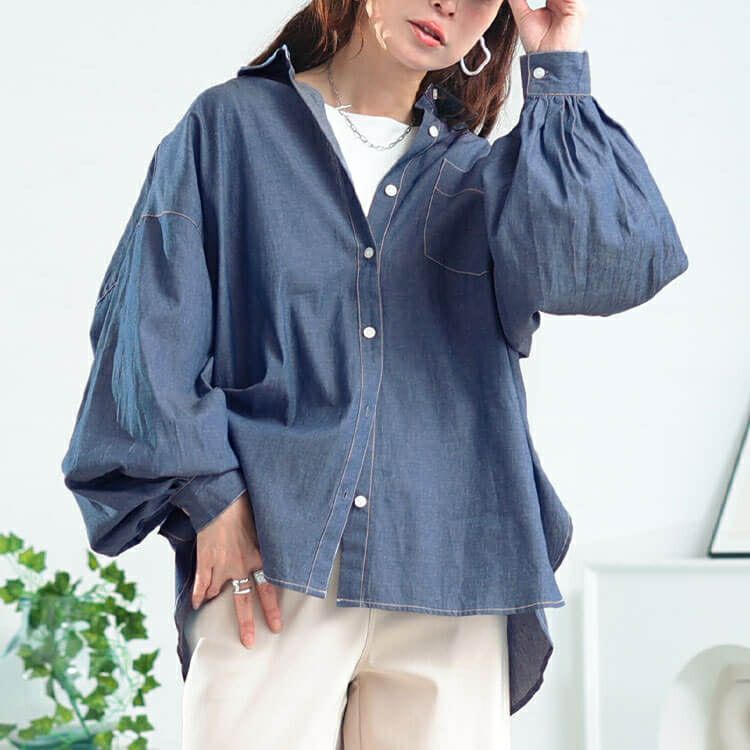 大きいサイズ レディース ボリュームスリーブシャンブレーシャツ　maru-30164 【メール便可】