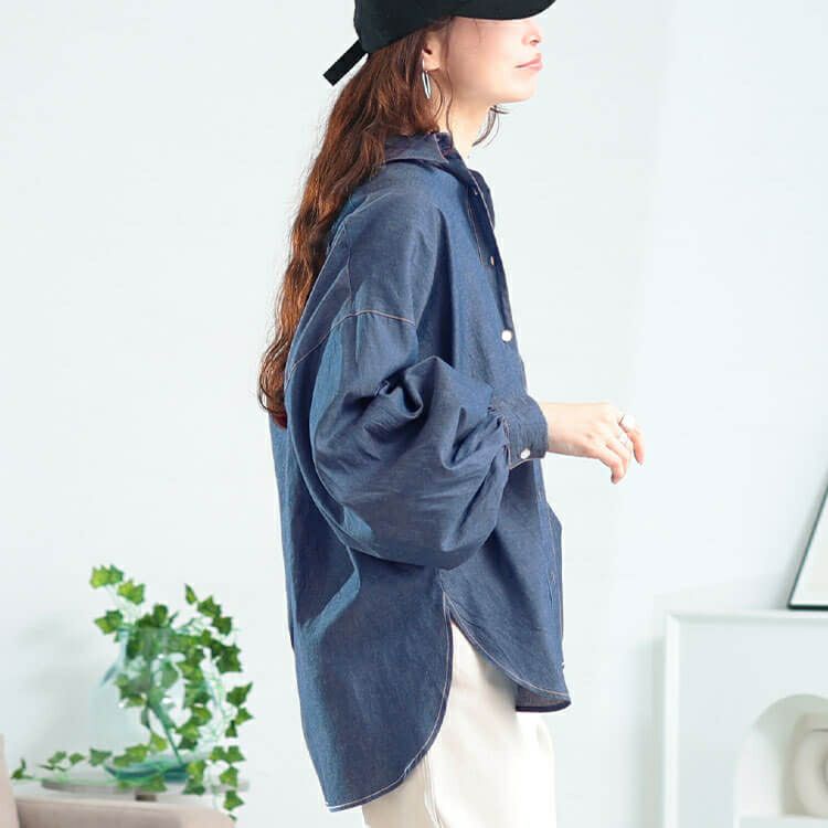 大きいサイズ レディース ボリュームスリーブシャンブレーシャツ　maru-30164 【メール便可】