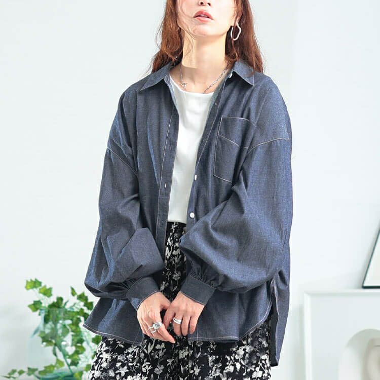 大きいサイズ レディース ボリュームスリーブシャンブレーシャツ　maru-30164 【メール便可】