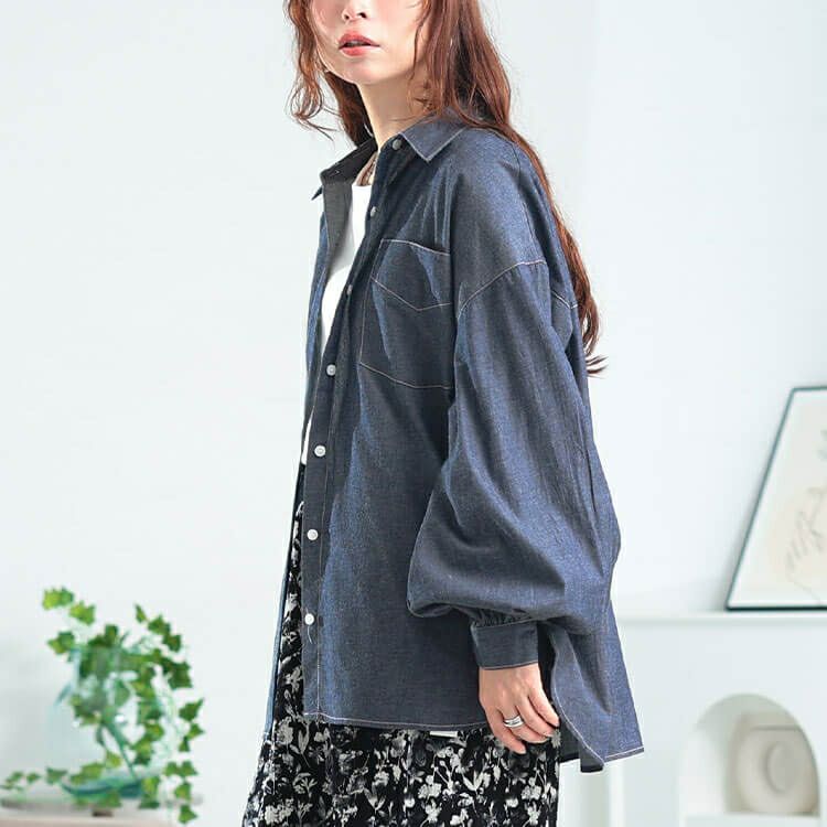 大きいサイズ レディース ボリュームスリーブシャンブレーシャツ　maru-30164 【メール便可】