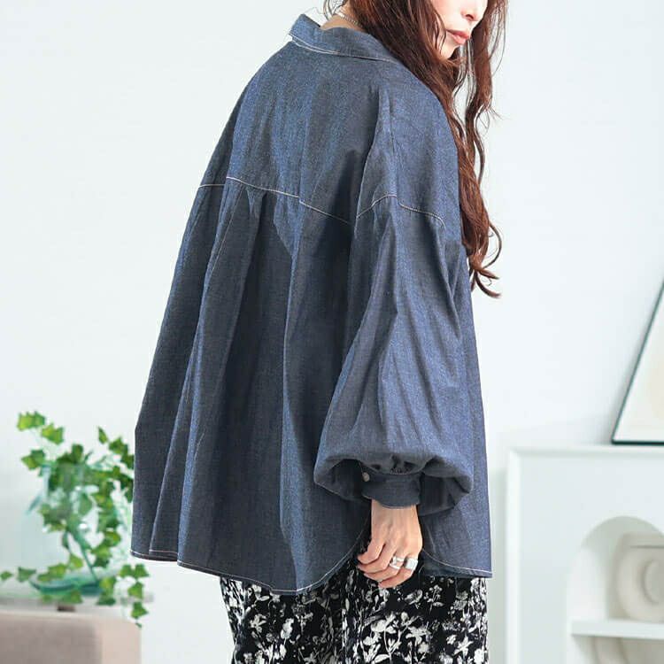 大きいサイズ レディース ボリュームスリーブシャンブレーシャツ　maru-30164 【メール便可】
