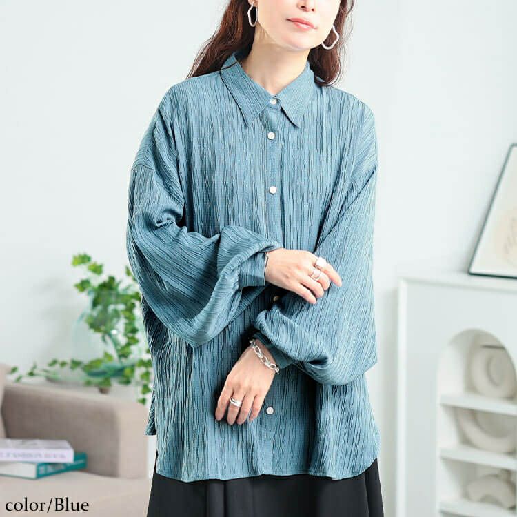 大きいサイズ レディース 楊柳風ジャガードボリュームスリーブシャツ　maru-30166 【メール便可】